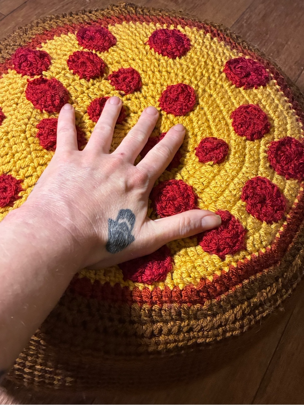 Handmade Yellow & Red Crochet Pizza Pouf - Home Art